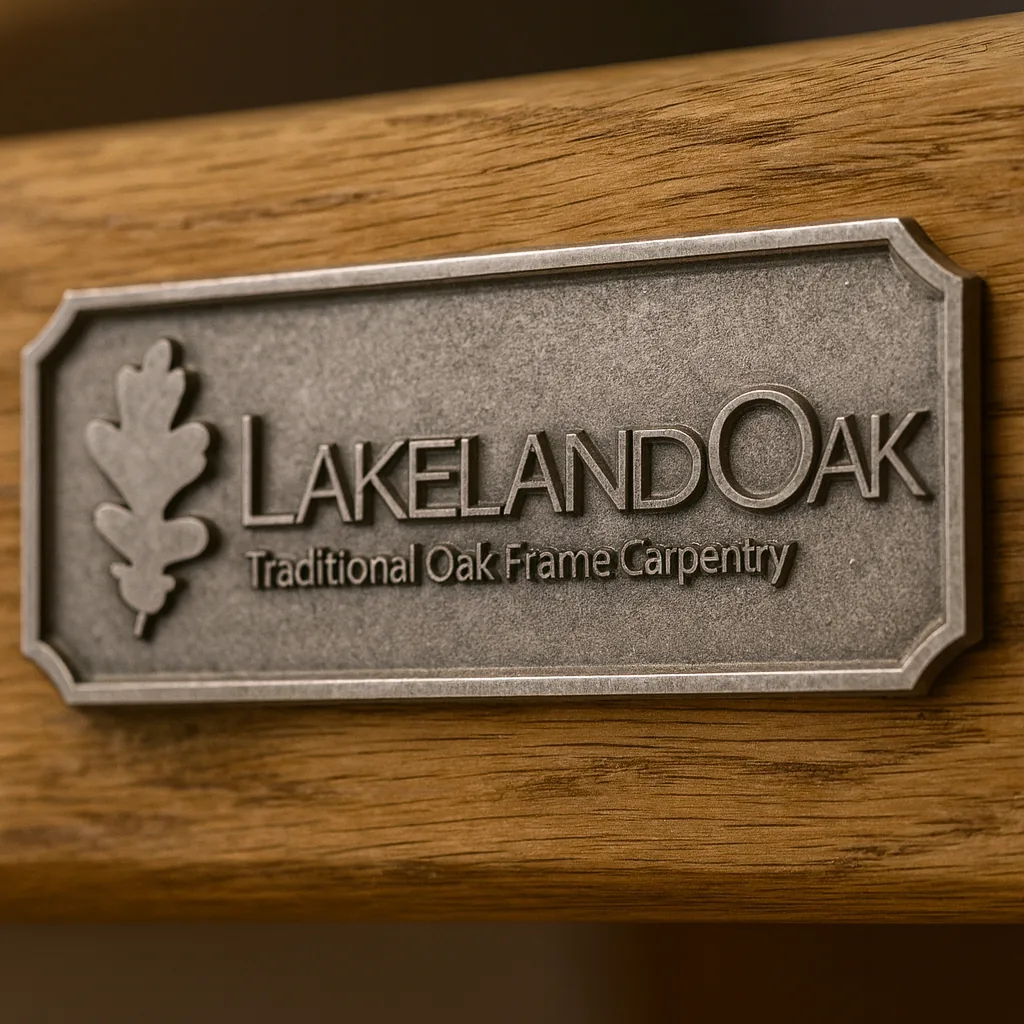Lakeland Oak maker's plate fixed to an oak beam